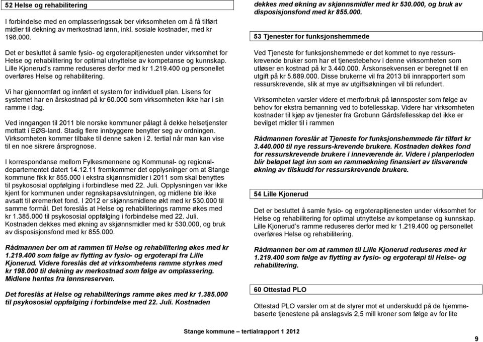 219.400 og personellet overføres Helse og rehabilitering. Vi har gjennomført og innført et system for individuell plan. Lisens for systemet har en årskostnad på kr 60.