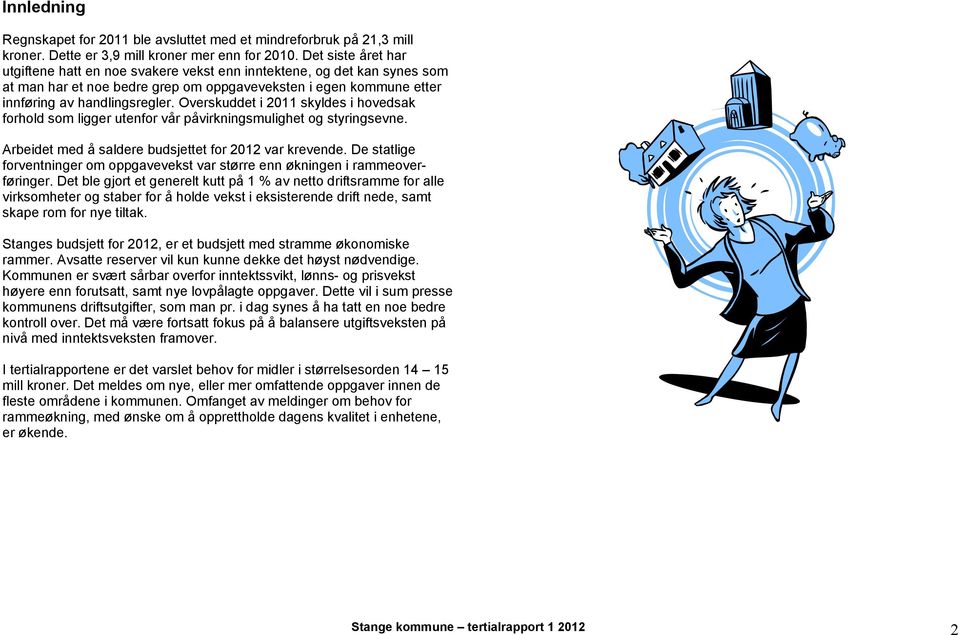 Overskuddet i 2011 skyldes i hovedsak forhold som ligger utenfor vår påvirkningsmulighet og styringsevne. Arbeidet med å saldere budsjettet for 2012 var krevende.