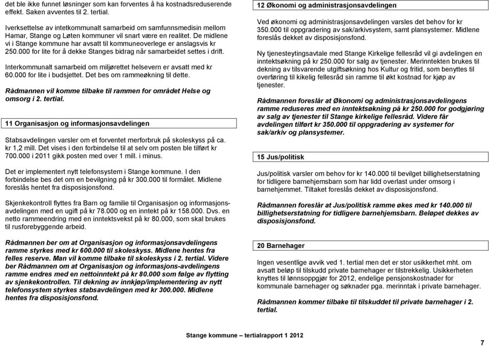 De midlene vi i Stange kommune har avsatt til kommuneoverlege er anslagsvis kr 250.000 for lite for å dekke Stanges bidrag når samarbeidet settes i drift.