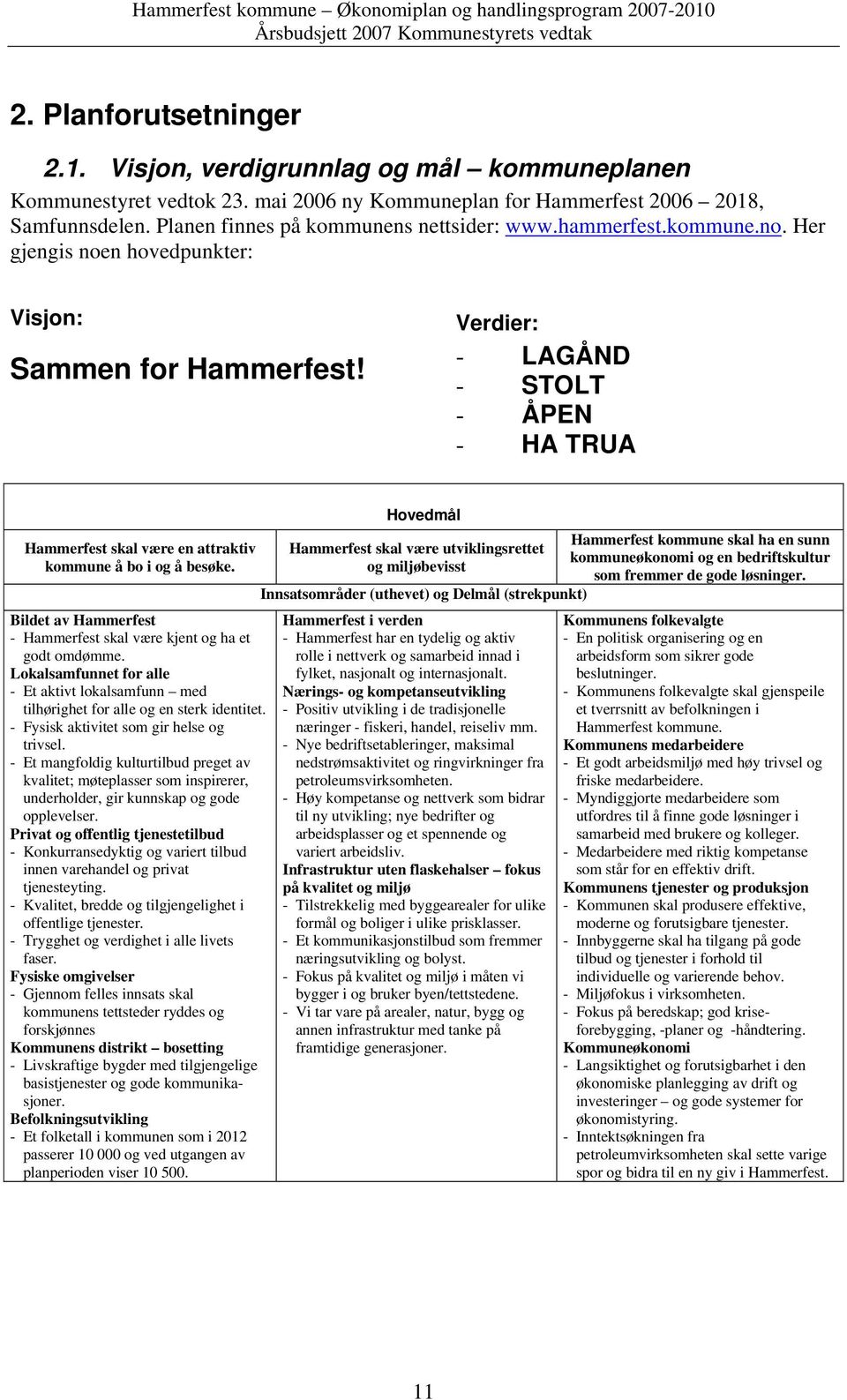 Verdier: - LAGÅND - STOLT - ÅPEN - HA TRUA Hammerfest skal være en attraktiv kommune å bo i og å besøke. Bildet av Hammerfest - Hammerfest skal være kjent og ha et godt omdømme.