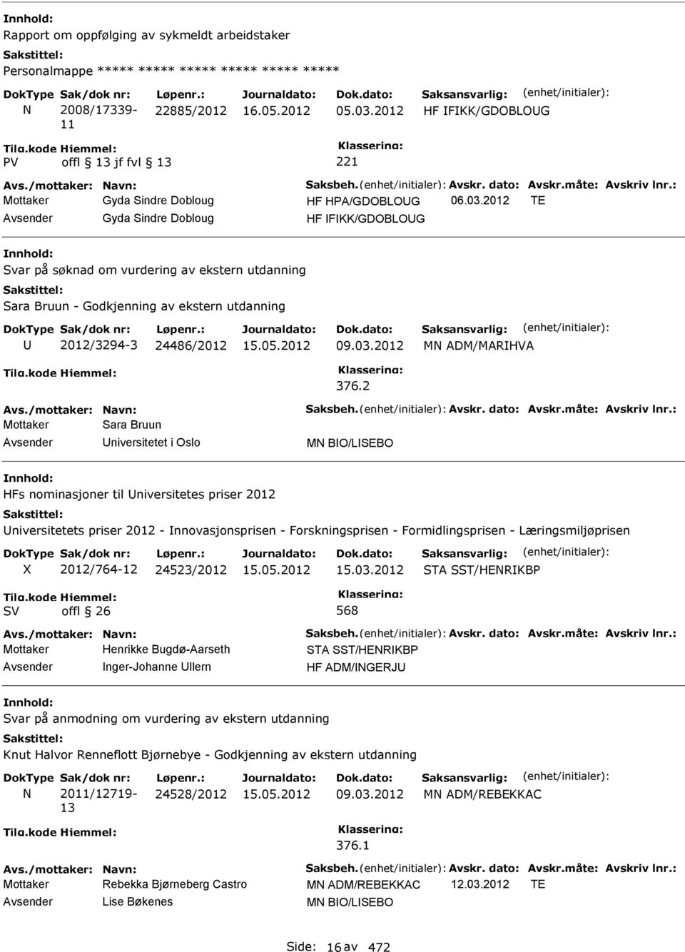 2012 TE Gyda Sindre Dobloug HF FKK/GDOBLOG Svar på søknad om vurdering av ekstern utdanning Sara Bruun - Godkjenning av ekstern utdanning 2012/3294-3 24486/2012 09.03.2012 376.2 M ADM/MARHVA Avs.