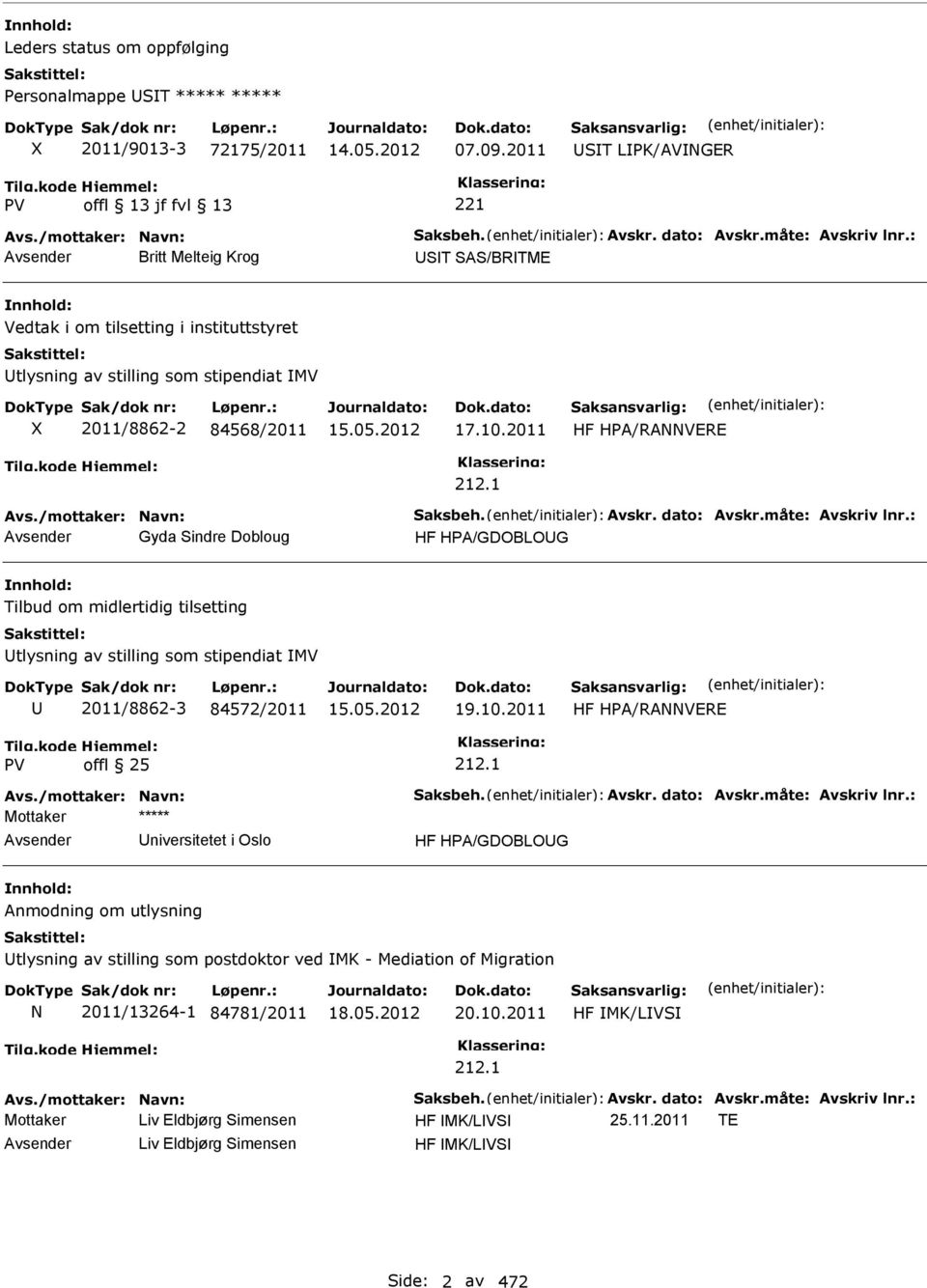 Avskr. dato: Avskr.måte: Avskriv lnr.: Gyda Sindre Dobloug HF HPA/GDOBLOG Tilbud om midlertidig tilsetting tlysning av stilling som stipendiat MV 2011/8862-3 84572/2011 19.10.2011 212.