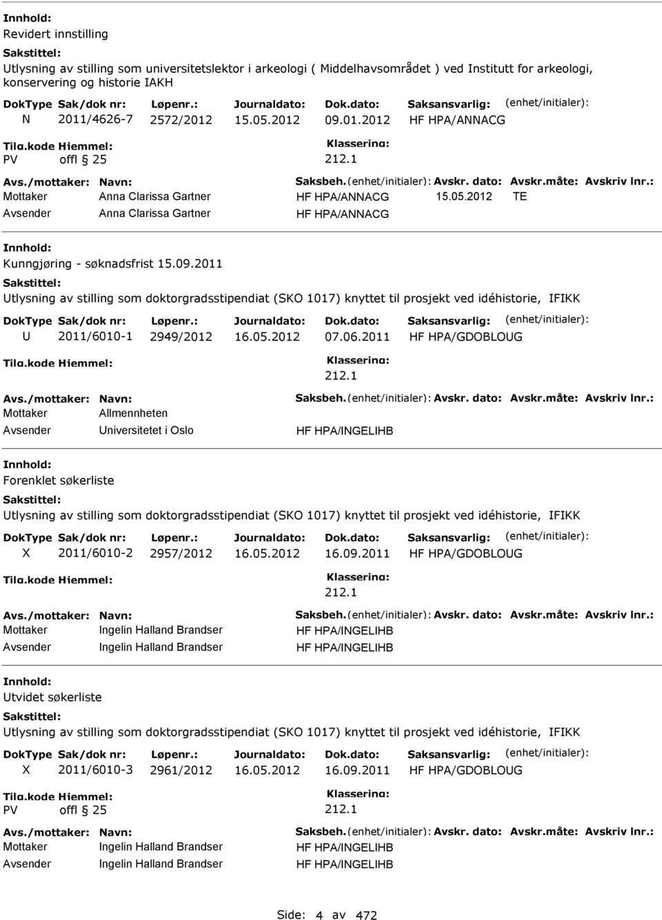 2011 tlysning av stilling som doktorgradsstipendiat (SKO 1017) knyttet til prosjekt ved idéhistorie, FKK 2011/6010-1 2949/2012 07.06.2011 HF HPA/GDOBLOG 212.1 Avs./mottaker: avn: Saksbeh. Avskr.