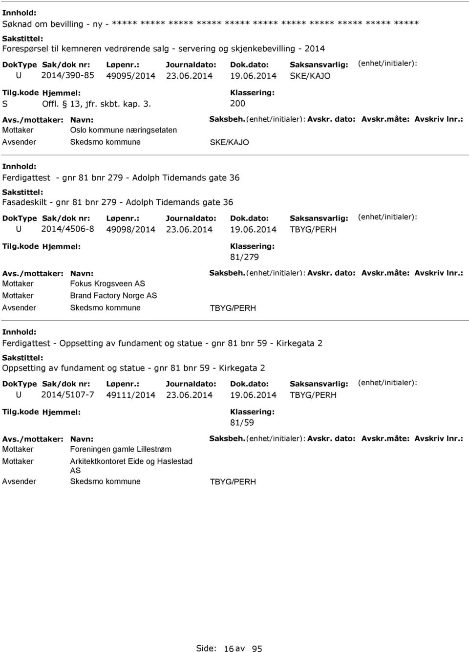 : Mottaker Oslo kommune næringsetaten SK/KJO Ferdigattest - gnr 81 bnr 279 - dolph Tidemands gate 36 Fasadeskilt - gnr 81 bnr 279 - dolph Tidemands gate 36 2014/4506-8 49098/2014 TBYG/PRH 81/279 vs.