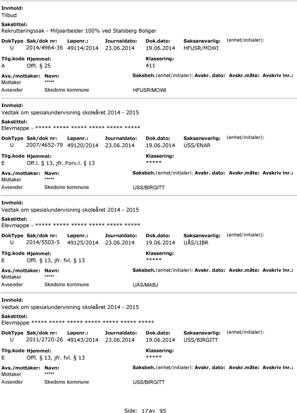 måte: vskriv lnr.: SS/BRGTT Vedtak om spesialundervisning skoleåret 2014-2015 levmappe - 2014/5503-5 49125/2014 ÅS/LBR vs./mottaker: Navn: Saksbeh. vskr. dato: vskr.