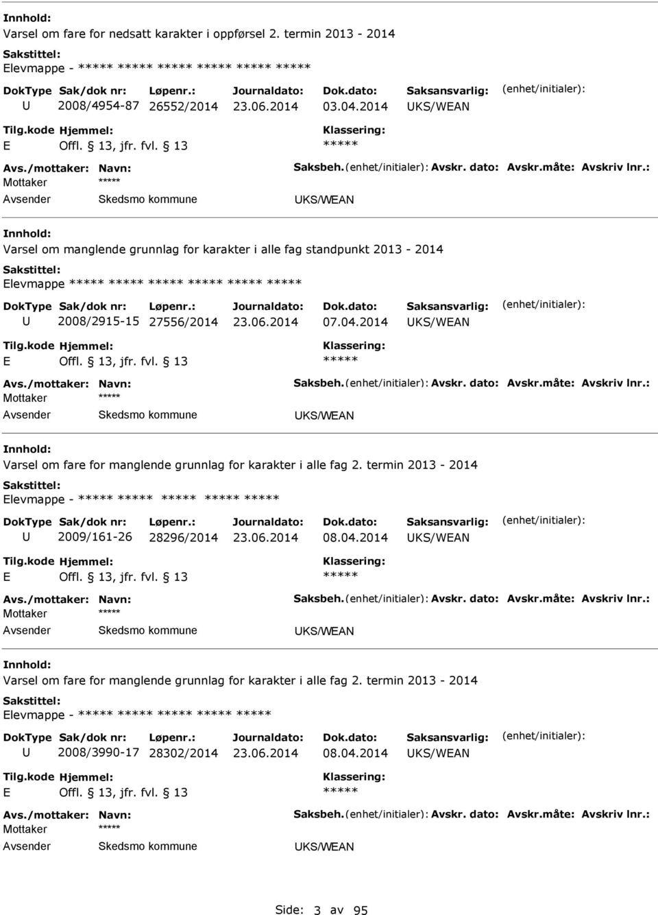 : KS/WN Varsel om fare for manglende grunnlag for karakter i alle fag 2. termin 2013-2014 levmappe - 2009/161-26 28296/2014 08.04.2014 KS/WN vs./mottaker: Navn: Saksbeh. vskr. dato: vskr.