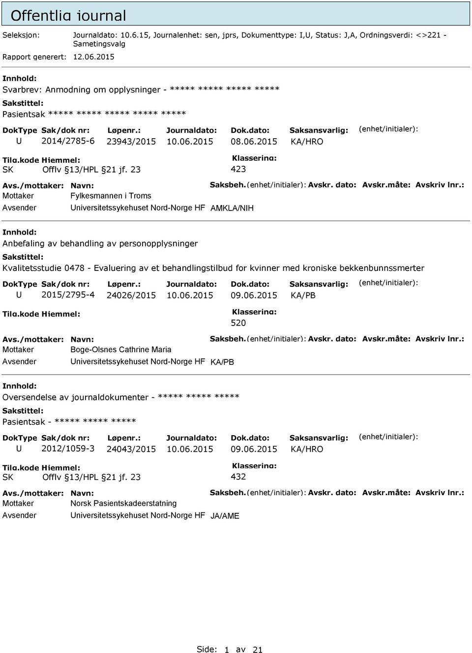 23 Mottaker Fylkesmannen i Troms niversitetssykehuset Nord-Norge HF AMKLA/NH nnhold: Anbefaling av behandling av personopplysninger Kvalitetsstudie 0478 - Evaluering av et behandlingstilbud for