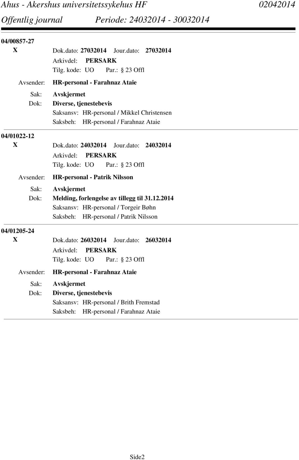 Ataie 04/01022-12 X Dok.dato: 24032014 Jour.dato: 24032014 HR-personal - Patrik Nilsson Melding, forlengelse av tillegg til 31.12.2014 Saksansv: HR-personal / Torgeir Bøhn Saksbeh: HR-personal / Patrik Nilsson 04/01205-24 X Dok.