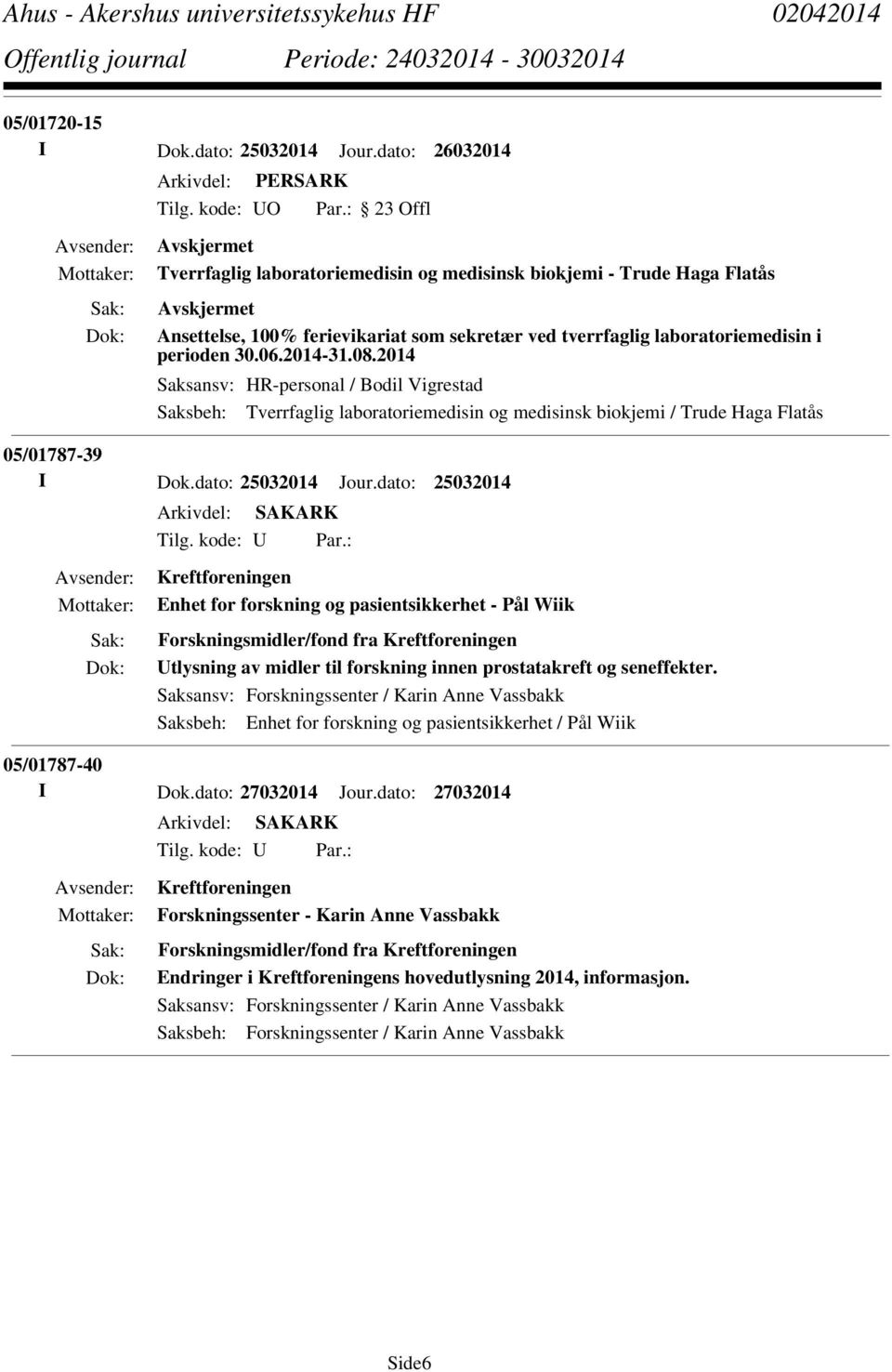 2014 Saksansv: HR-personal / Bodil Vigrestad Saksbeh: Tverrfaglig laboratoriemedisin og medisinsk biokjemi / Trude Haga Flatås 05/01787-39 I Dok.dato: 25032014 Jour.dato: 25032014 Tilg. kode: U Par.