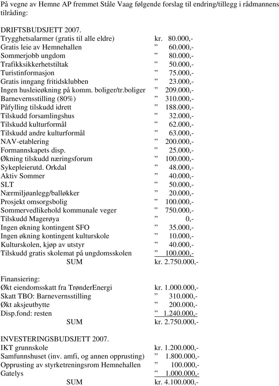 boliger/tr.boliger 209.000,- Barnevernsstilling (80%) 310.000,- Påfylling tilskudd idrett 188.000,- Tilskudd forsamlingshus 32.000,- Tilskudd kulturformål 62.000,- Tilskudd andre kulturformål 63.