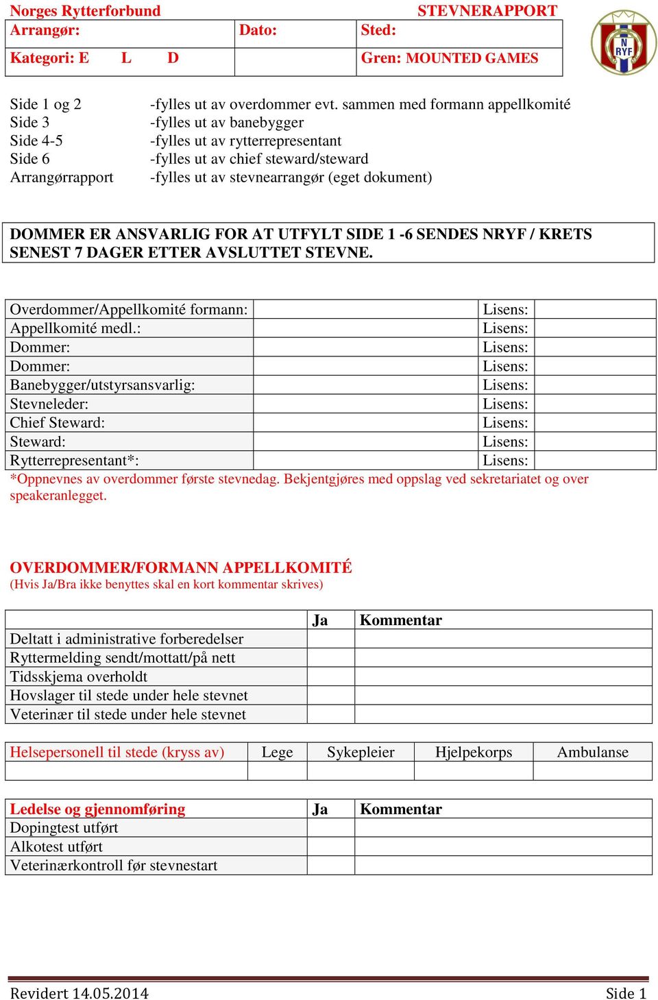 UTFYLT SIDE 1-6 SENDES NRYF / KRETS SENEST 7 DAGER ETTER AVSLUTTET STEVNE. Overdommer/Appellkomité formann: Appellkomité medl.