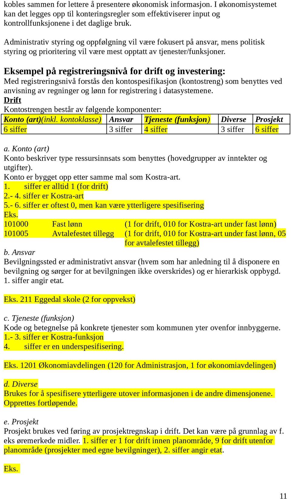 Eksempel på registreringsnivå for drift og investering: Med registreringsnivå forstås den kontospesifikasjon (kontostreng) som benyttes ved anvisning av regninger og lønn for registrering i