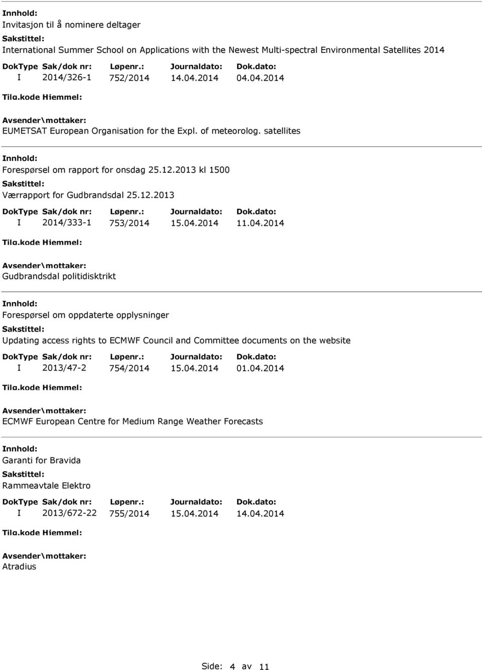 04.2014 Gudbrandsdal politidisktrikt Forespørsel om oppdaterte opplysninger pdating access rights to ECMWF Council and Committee documents on the website 2013/47-2