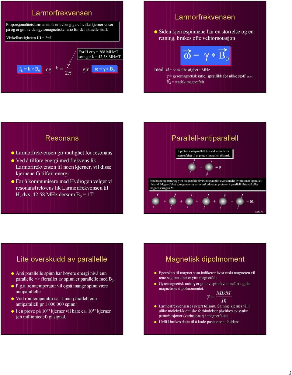 ω = γ B 0 ω = γ B 0 med ω = vinkelhastighet i MHz γ = gyromagnetisk ratio, spesifikk for ulike stoff tab.