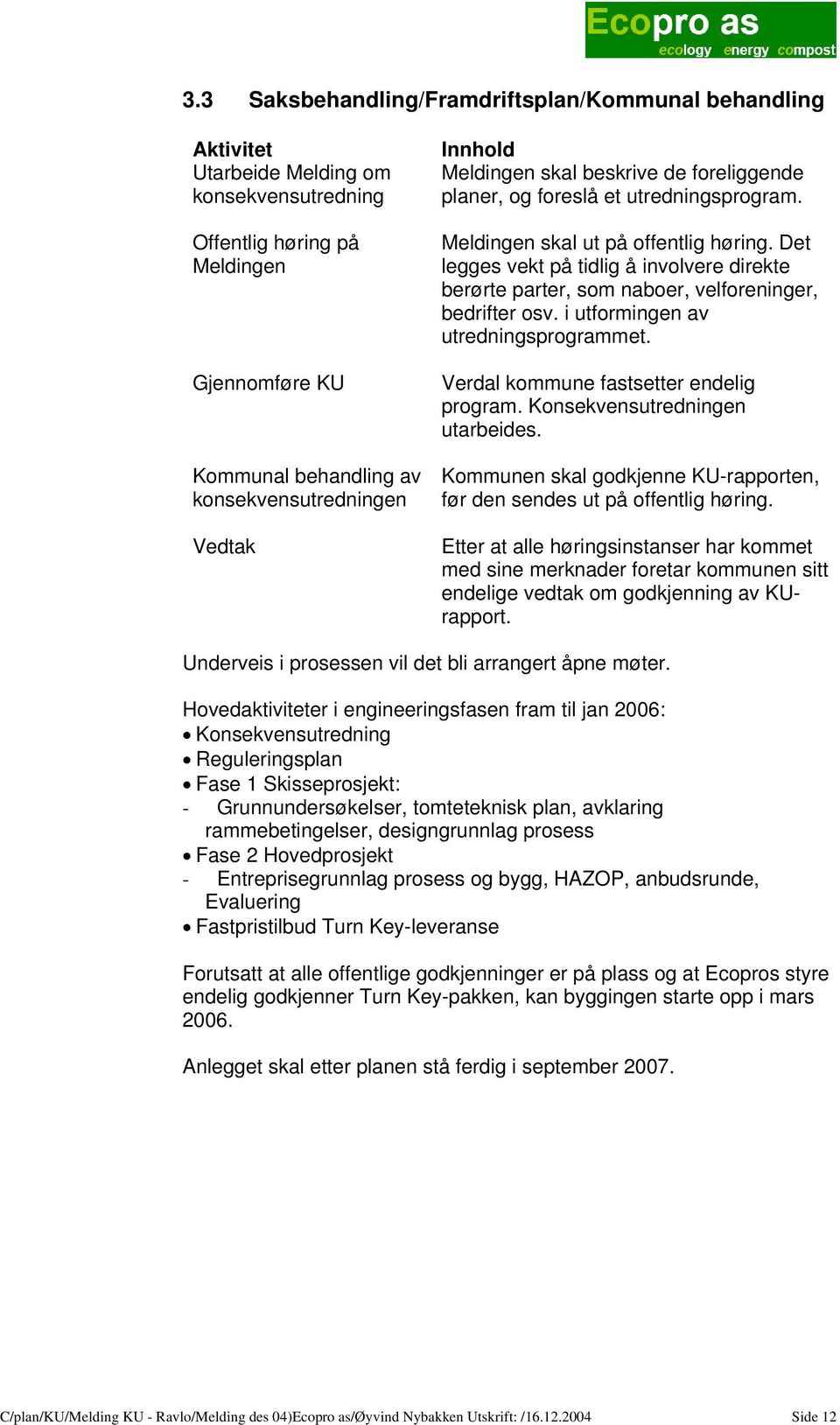 Det legges vekt på tidlig å involvere direkte berørte parter, som naboer, velforeninger, bedrifter osv. i utformingen av utredningsprogrammet. Verdal kommune fastsetter endelig program.