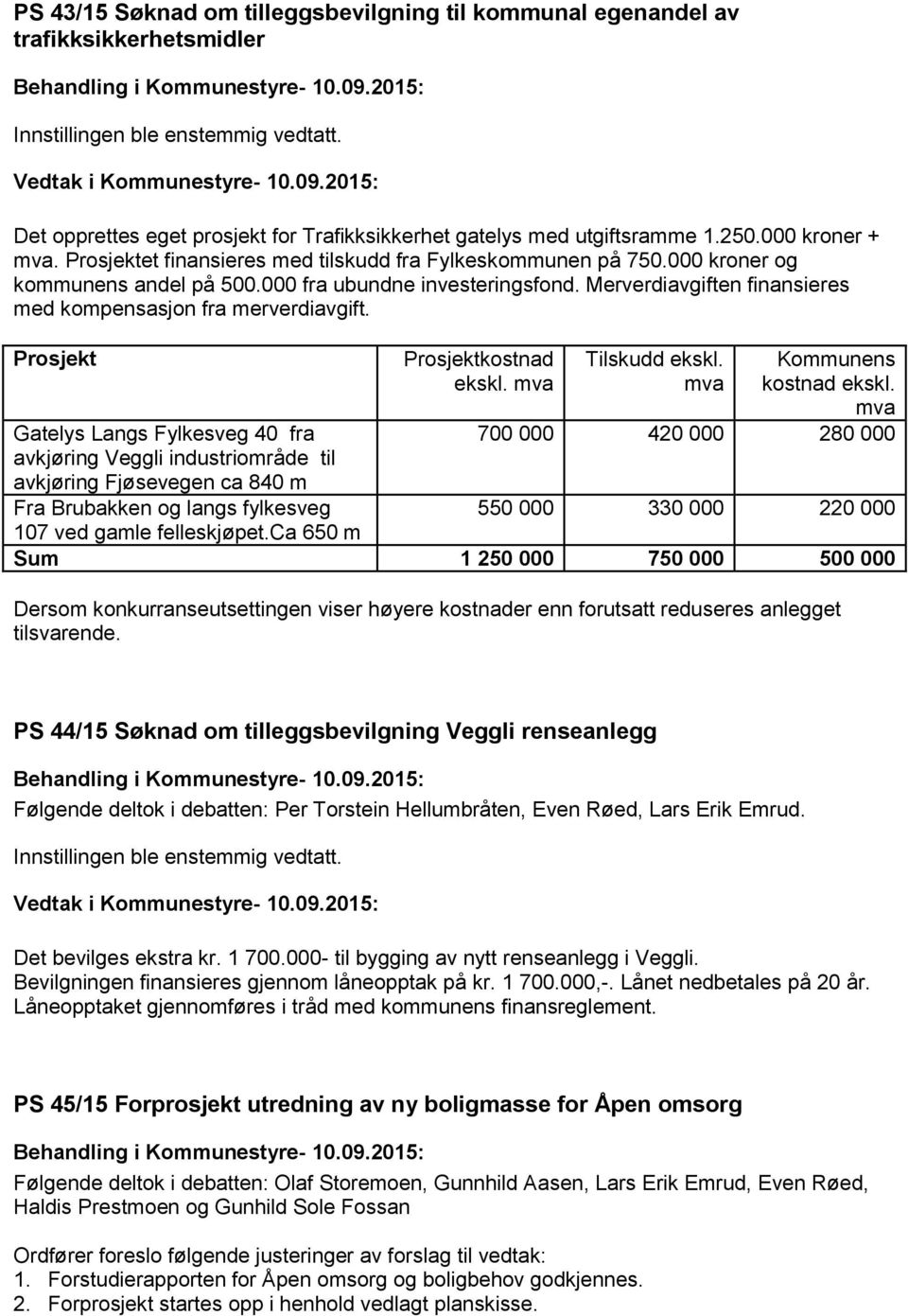 Prosjekt Gatelys Langs Fylkesveg 40 fra avkjøring Veggli industriområde til avkjøring Fjøsevegen ca 840 m Fra Brubakken og langs fylkesveg 107 ved gamle felleskjøpet.ca 650 m Prosjektkostnad ekskl.