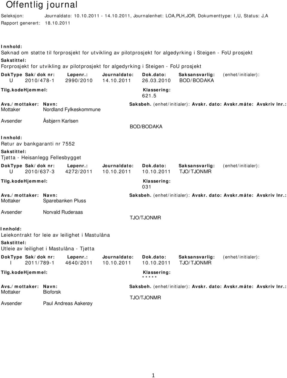 FoU prosjekt Forprosjekt for utvikling av pilotprosjekt for algedyrking i Steigen - FoU prosjekt U 2010/478-1 2990/2010 14.10.2011 26.03.