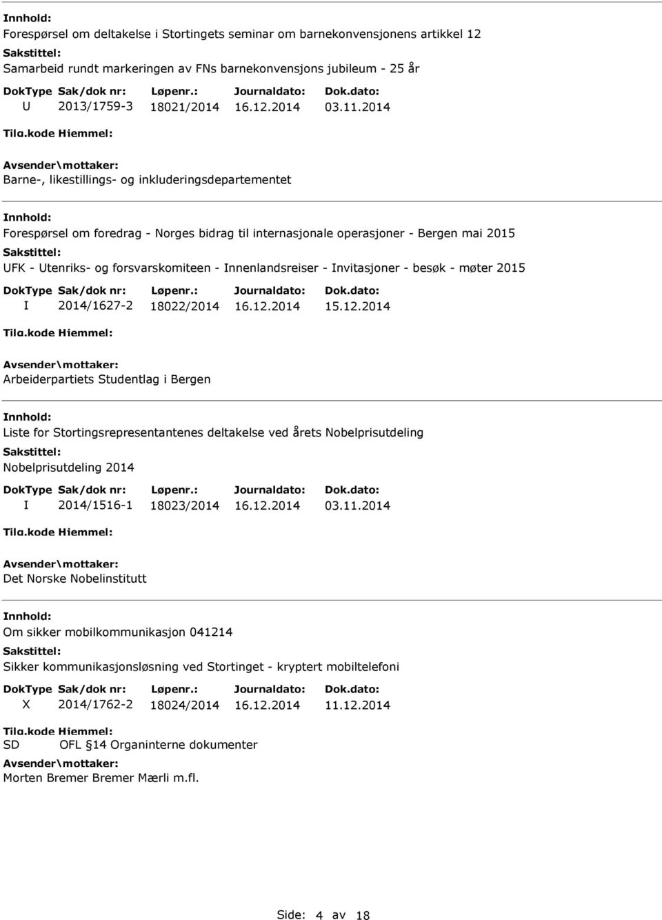 nvitasjoner - besøk - møter 2015 2014/1627-2 18022/2014 Arbeiderpartiets Studentlag i Bergen Liste for Stortingsrepresentantenes deltakelse ved årets Nobelprisutdeling Nobelprisutdeling 2014