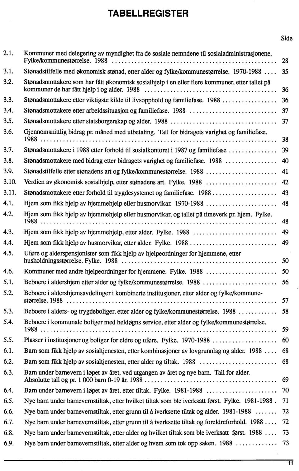 1988 36 3.4. StOnadsmottakere etter arbeidssituasjon og familiefase. 1988 37 3.5.Stønadsmottakere etter statsborgerskap og alder. 1988 37 3.6. Gjennomsnittlig bidrag pr. måned med utbeta ling.