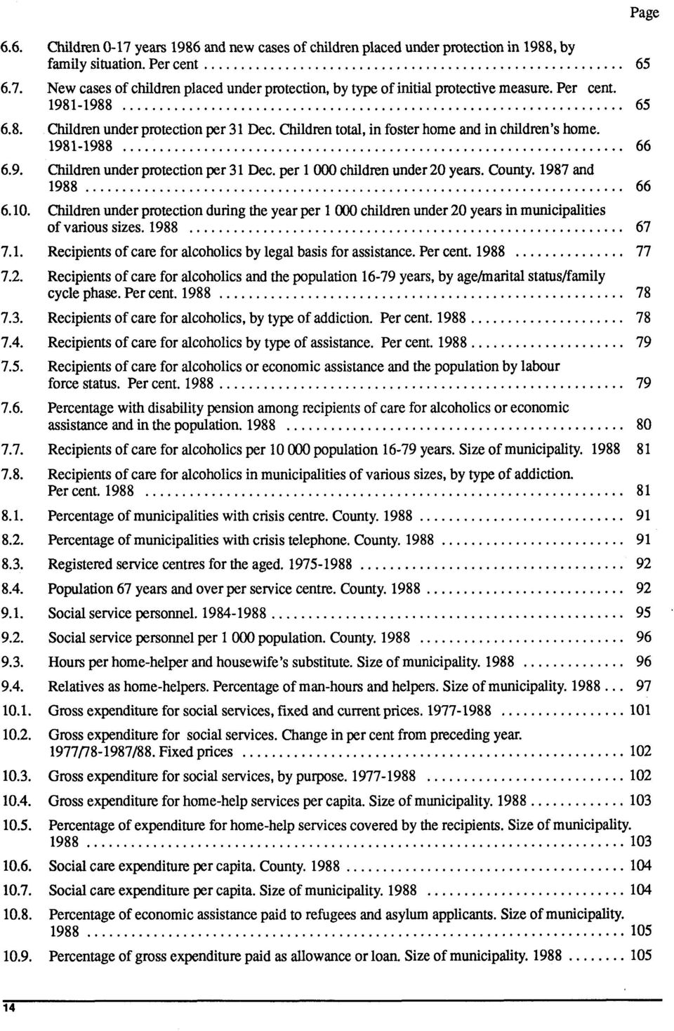 County. 1987 and 1988 66 6.10. Children under protection during the year per 1 000 children under 20 years in municipalities of various sizes. 1988 67 7.1. Recipients of care for alcoholics by legal basis for assistance.