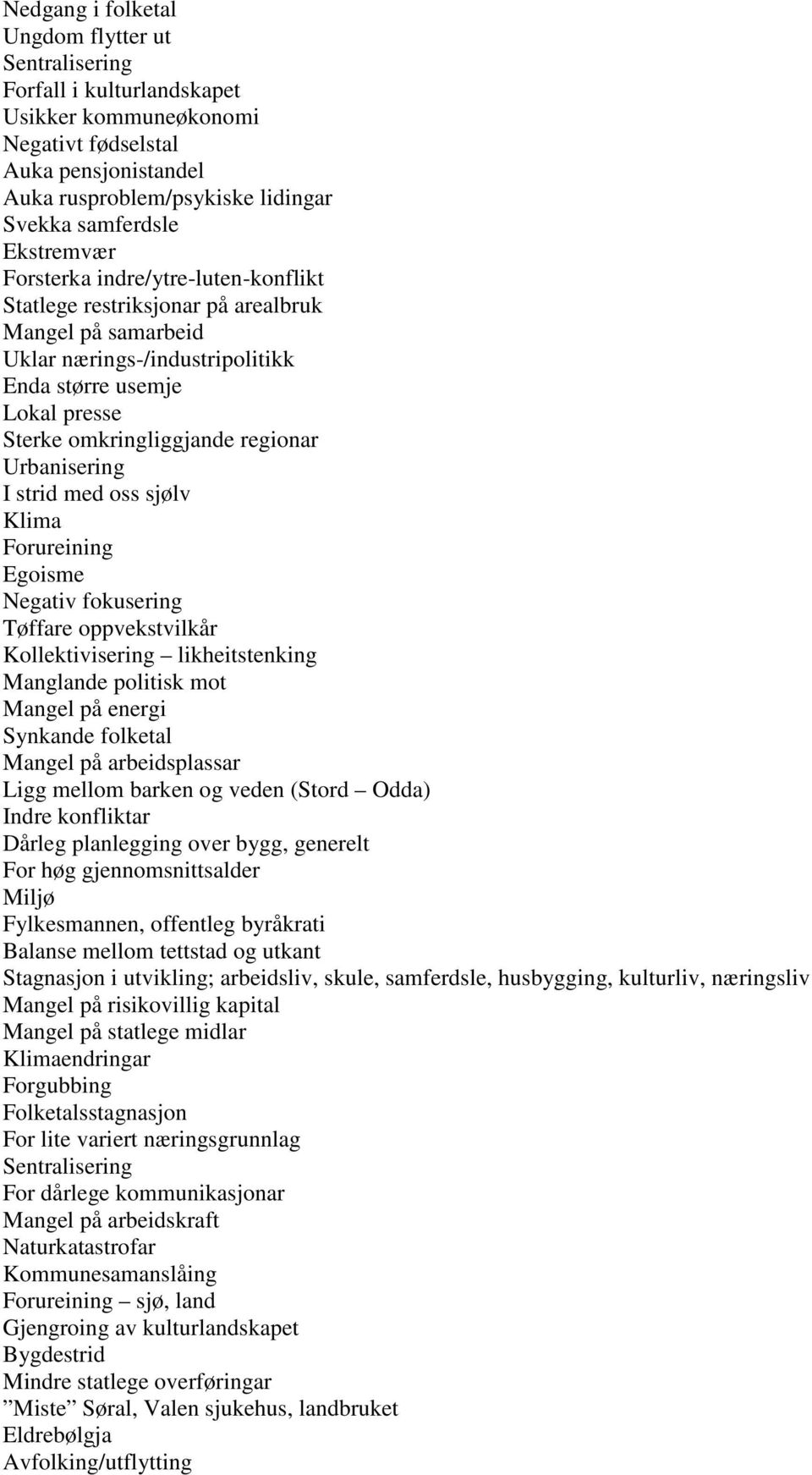 Urbanisering I strid med oss sjølv Klima Forureining Egoisme Negativ fokusering Tøffare oppvekstvilkår Kollektivisering likheitstenking Manglande politisk mot Mangel på energi Synkande folketal