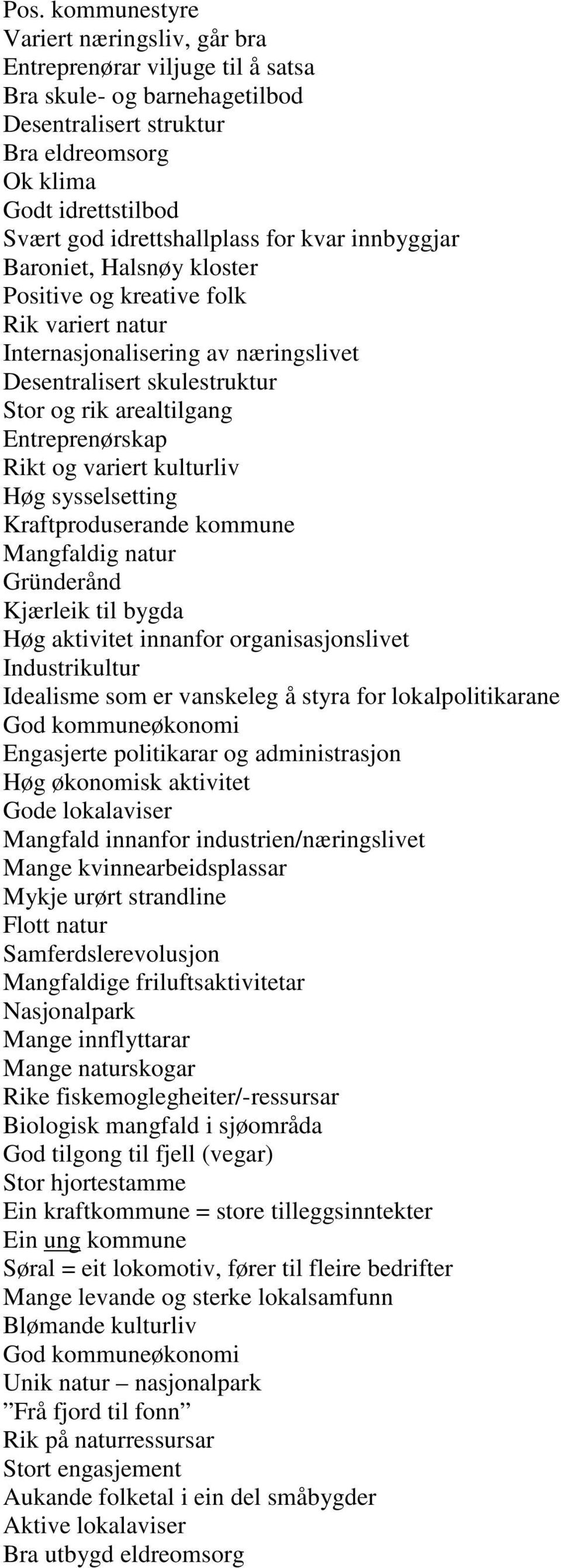 Entreprenørskap Rikt og variert kulturliv Høg sysselsetting Kraftproduserande kommune Mangfaldig natur Gründerånd Kjærleik til bygda Høg aktivitet innanfor organisasjonslivet Industrikultur Idealisme