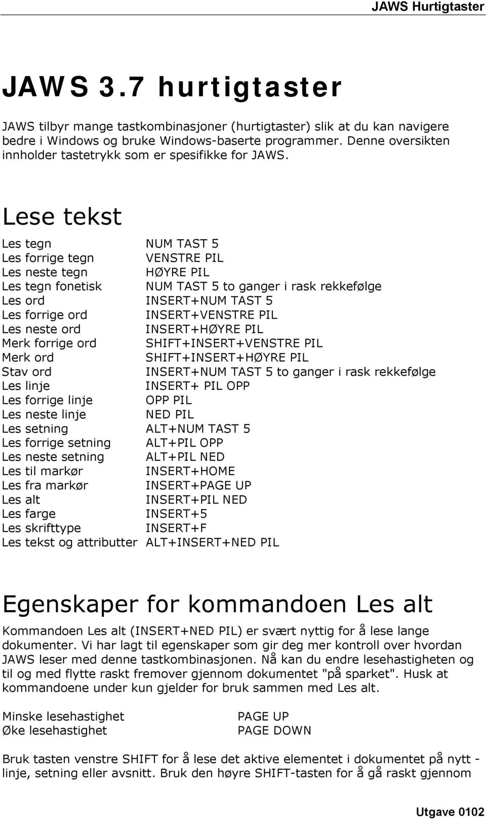 Lese tekst Les tegn NUM TAST 5 Les forrige tegn VENSTRE PIL Les neste tegn HØYRE PIL Les tegn fonetisk NUM TAST 5 to ganger i rask rekkefølge Les ord INSERT+NUM TAST 5 Les forrige ord INSERT+VENSTRE