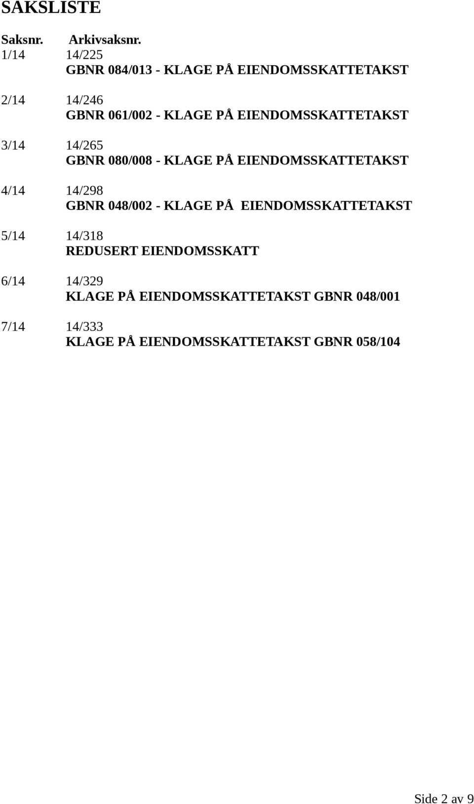 EIENDOMSSKATTETAKST 3/14 14/265 GBNR 080/008 - KLAGE PÅ EIENDOMSSKATTETAKST 4/14 14/298 GBNR 048/002 -