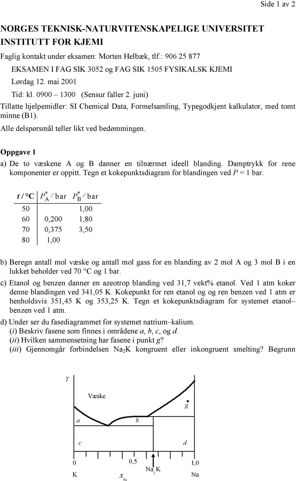 Oppgave a De to væskene A og B danner en tilnærmet ideell blanding. Damptrykk for rene komponenter er oppitt. egn et kokepunktsdiagram for blandingen ved bar.