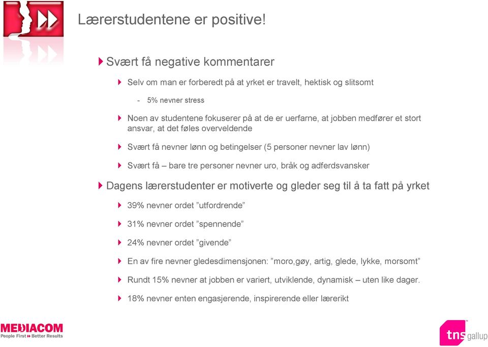 et stort ansvar, at det føles overveldende Svært få nevner lønn og betingelser (5 personer nevner lav lønn) Svært få bare tre personer nevner uro, bråk og adferdsvansker Dagens