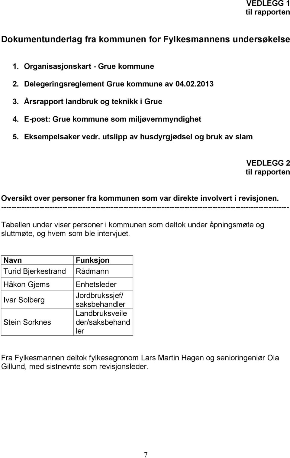 utslipp av husdyrgjødsel og bruk av slam VEDLEGG 2 til rapporten Oversikt over personer fra kommunen som var direkte involvert i revisjonen.