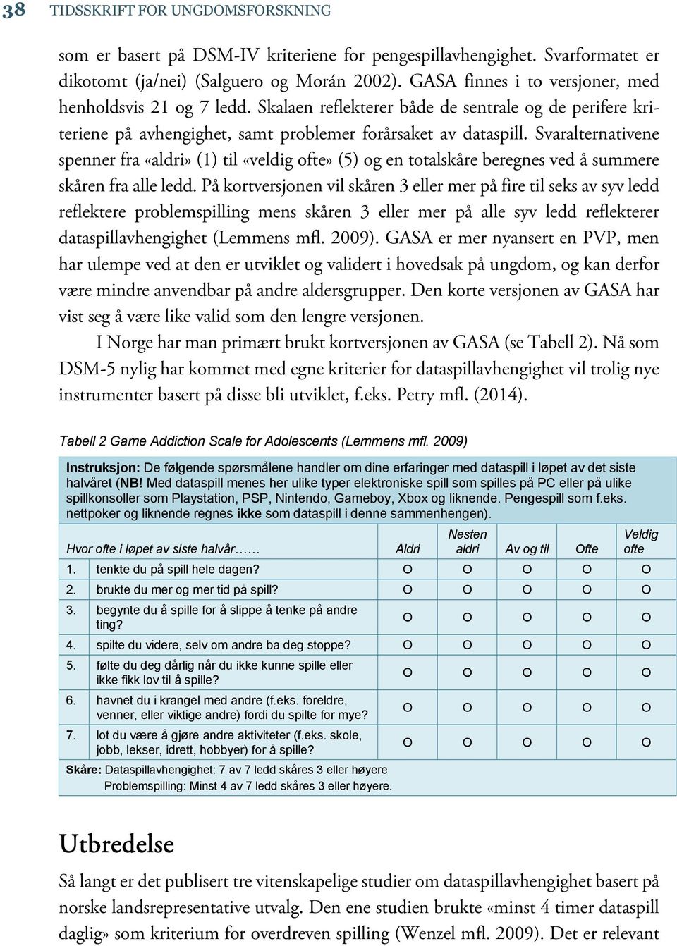 Svaralternativene spenner fra «aldri» (1) til «veldig ofte» (5) og en totalskåre beregnes ved å summere skåren fra alle ledd.