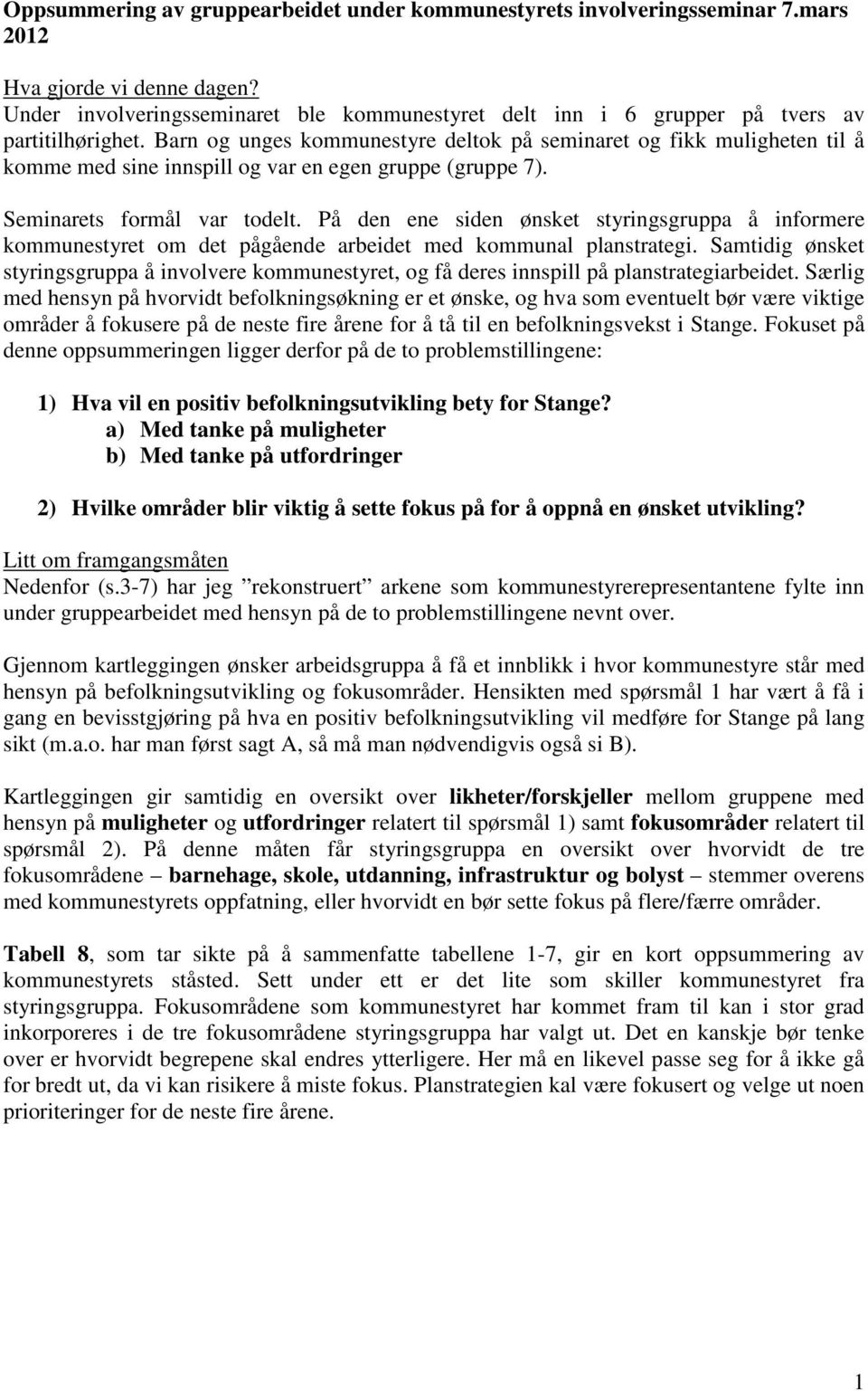 Barn og unges kommunestyre deltok på seminaret og fikk muligheten til å komme med sine innspill og var en egen gruppe (gruppe 7). Seminarets formål var todelt.