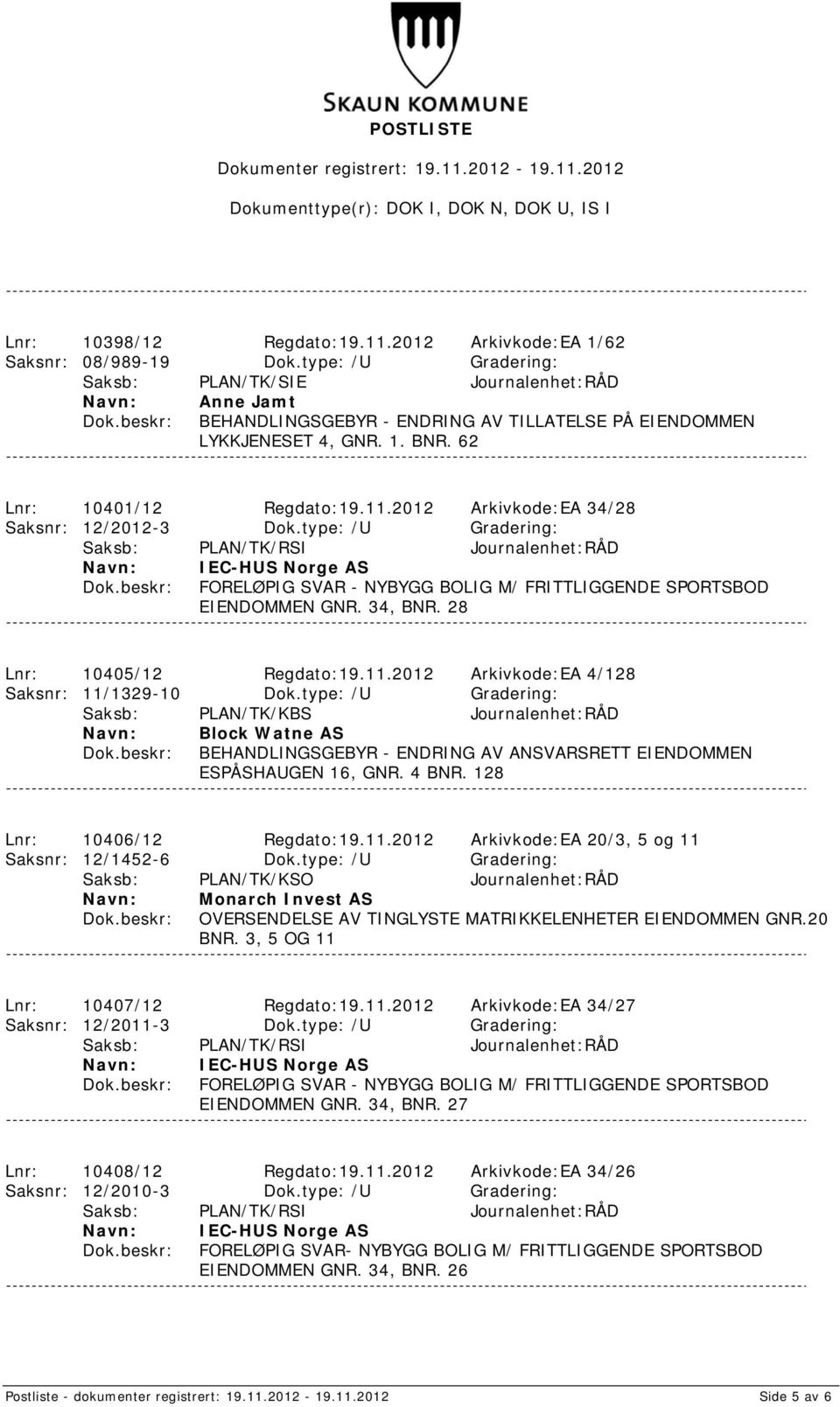 28 Lnr: 10405/12 Regdato:19.11.2012 Arkivkode:EA 4/128 Saksnr: 11/1329-10 Dok.