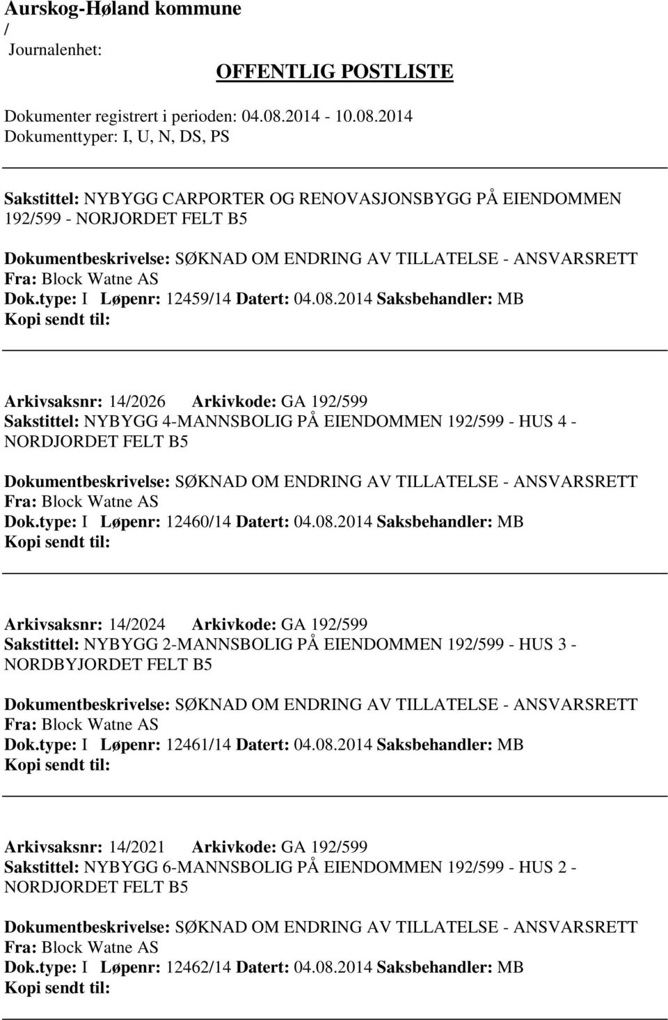 2014 Saksbehandler: MB Arkivsaksnr: 142026 Arkivkode: GA 192599 Sakstittel: NYBYGG 4-MANNSBOLIG PÅ EIENDOMMEN 192599 - HUS 4 - NORDJORDET FELT B5 Dokumentbeskrivelse: SØKNAD OM ENDRING AV TILLATELSE