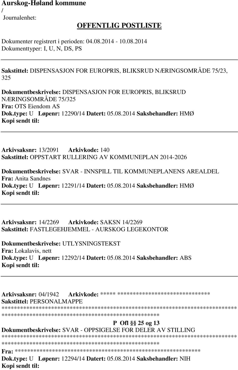 2014 Saksbehandler: HMØ Arkivsaksnr: 132091 Arkivkode: 140 Sakstittel: OPPSTART RULLERING AV KOMMUNEPLAN 2014-2026 Dokumentbeskrivelse: SVAR - INNSPILL TIL KOMMUNEPLANENS AREALDEL Fra: Anita Sandnes