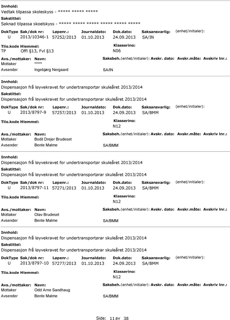 : Mottaker ***** ngebjørg Nergaard SA/N Dispensasjon frå løyvekravet for undertransportør skuleåret 2013/2014 Dispensasjon frå løyvekravet for undertransportørar skuleåret 2013/2014 2013/8797-9