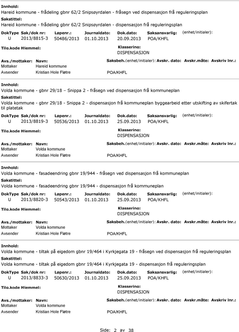 : Mottaker Hareid kommune Kristian Hole Fløtre Volda kommune - gbnr 29/18 Snippa 2 - fråsegn ved dispensasjon frå kommuneplan Volda kommune - gbnr 29/18 - Snippa 2 - dispensasjon frå kommuneplan