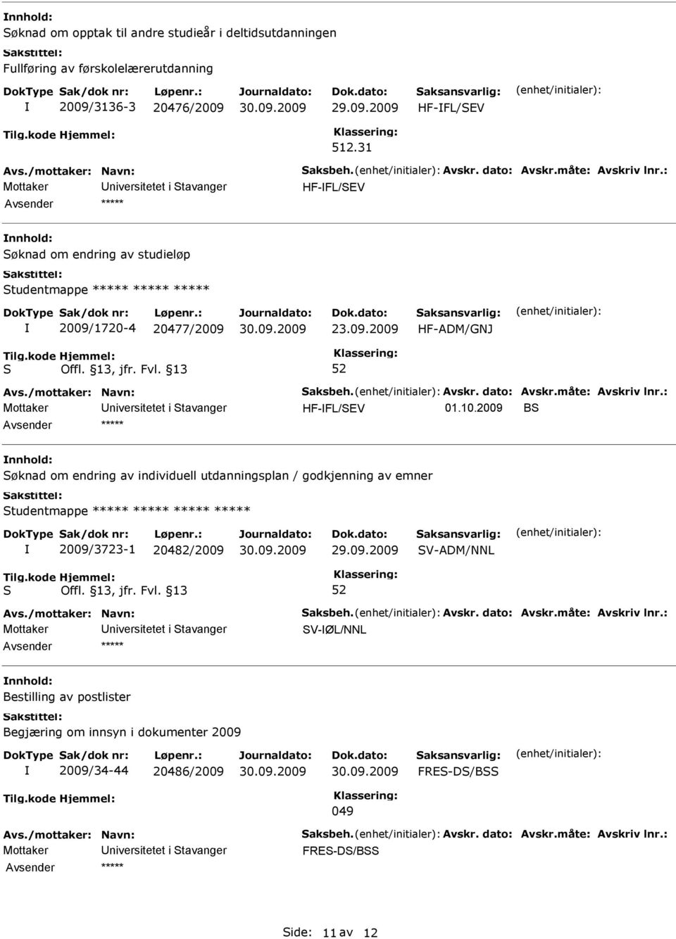 2009 B nnhold: øknad om endring av individuell utdanningsplan / godkjenning av emner tudentmappe ***** ***** ***** ***** 2009/3723-1