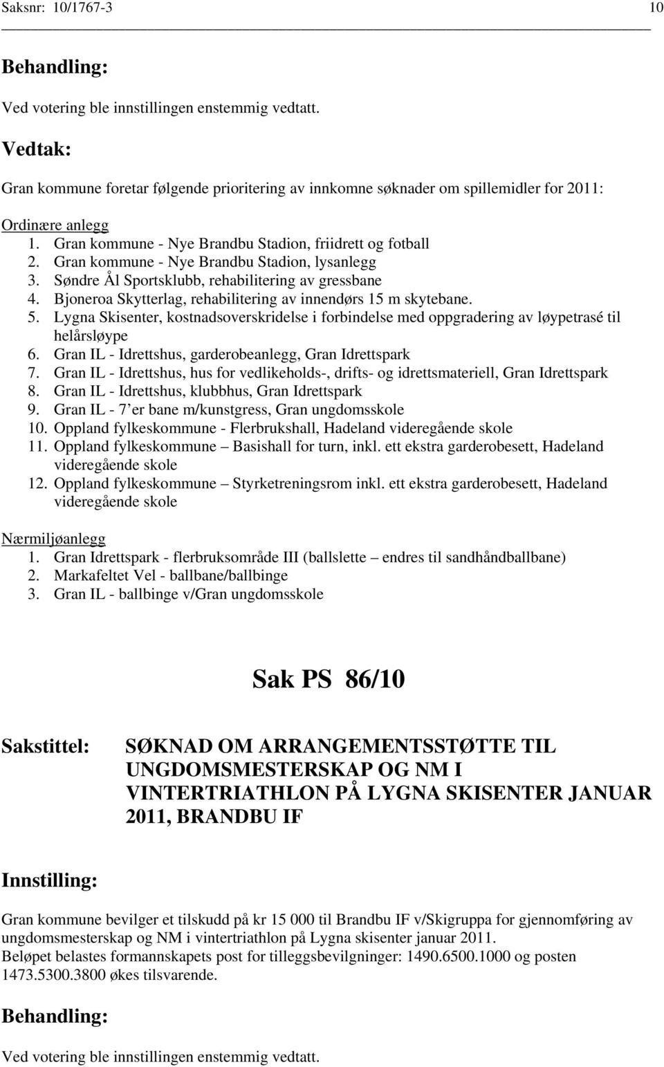 Lygna Skisenter, kostnadsoverskridelse i forbindelse med oppgradering av løypetrasé til helårsløype 6. Gran IL - Idrettshus, garderobeanlegg, Gran Idrettspark 7.