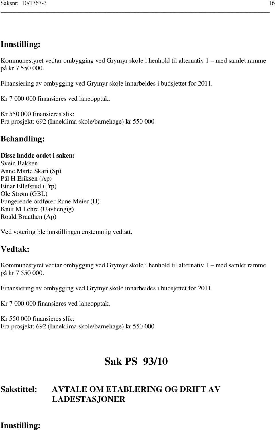 Kr 550 000 finansieres slik: Fra prosjekt: 692 (Inneklima skole/barnehage) kr 550 000 Svein Bakken Anne Marte Skari (Sp) Pål H Eriksen (Ap) Einar Ellefsrud (Frp) Ole Strøm (GBL) Roald Braathen (Ap)