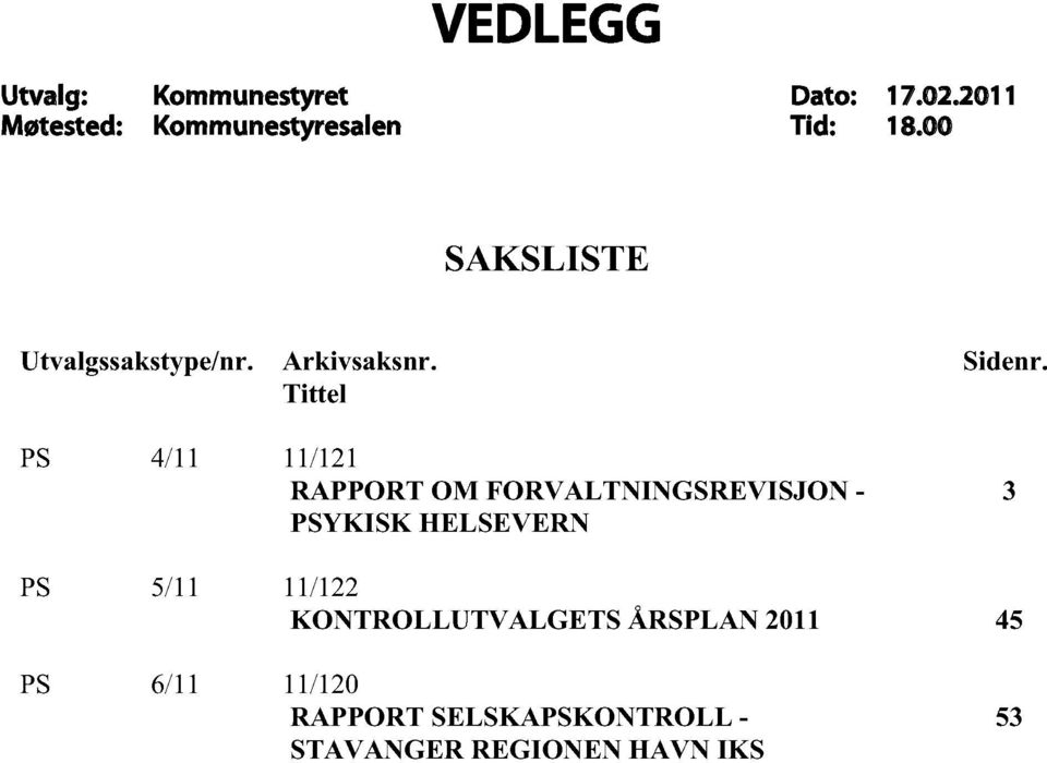 Tittel PS 4/11 11/121 RAPPORT OM FORVALTNINGSREVISJON - PSYKISK HELSEVERN Sidenr.