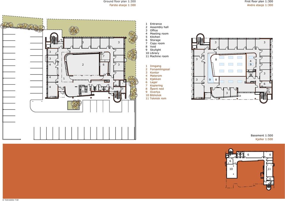 Skylight 10 Library 11 Machine room 1 Inngang 2 Forsamlingssal Kontor 4 Møterom 5 Kjøkken 6 Lager 7