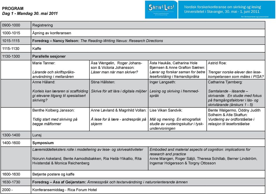 1115-1130 Kaffe 1130-1300 Parallelle sesjoner Marie Tanner: Lärande och skriftspråksanvändning i mellanåren Åsa Wengelin, Roger Johansson & Victoria Johansson: Läser man när man skriver?