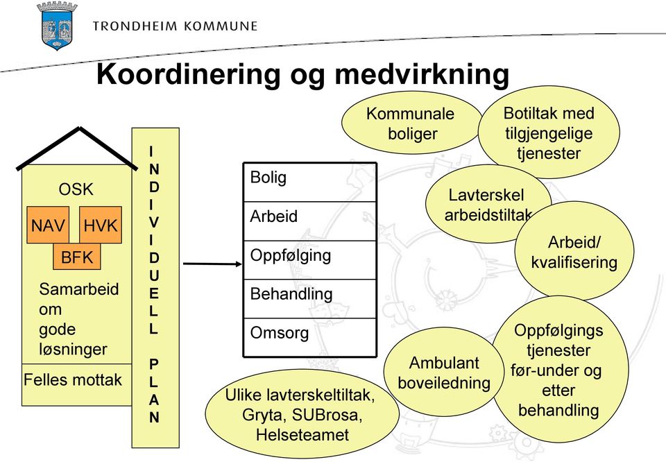 Lavterskel arbeidstiltak Arbeid/ kvalifisering Oppfølging Behandling Omsorg Ulike