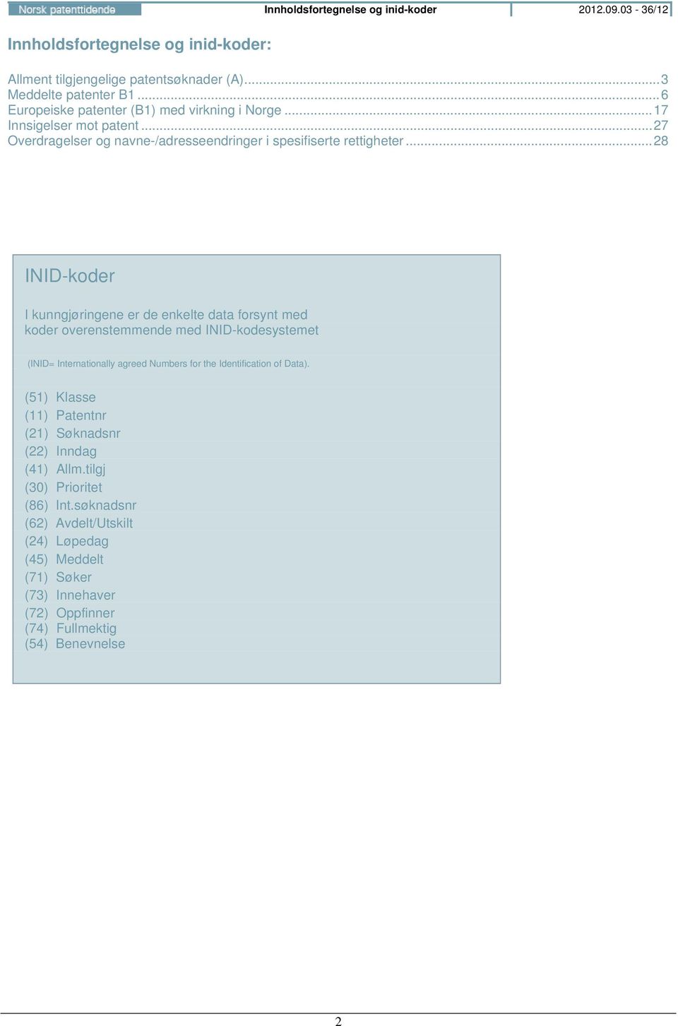 .. 28 INID-koder I kunngjøringene er de enkelte data forsynt med koder overenstemmende med INID-kodesystemet (INID= Internationally agreed Numbers for the