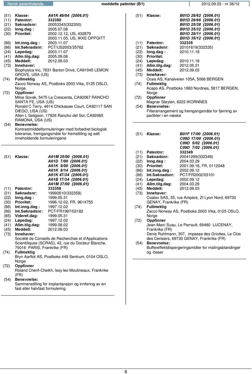 08 Biophysica Inc, 7831 Barton Drive, CA91945 LEMON GROVE, USA (US) Zacco Norway AS, Postboks 2003 Vika, 0125 OSLO, Milos Sovak, 5475 La Crescenta, CA92067 RANCHO SANTA FE, USA (US) Ronald C Terry,