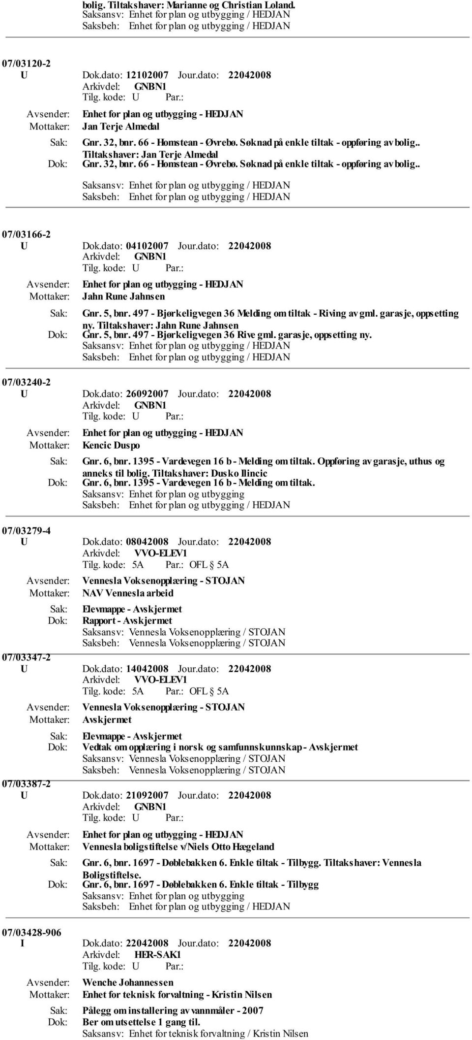 dato: Enhet for plan og utbygging - HEDJAN Jahn Rune Jahnsen Gnr. 5, bnr. 497 - Bjørkeligvegen 36 Melding om tiltak - Riving av gml. garasje, oppsetting ny. Tiltakshaver: Jahn Rune Jahnsen Gnr.