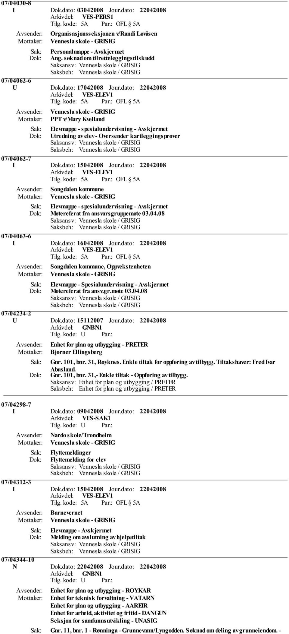 dato: Vennesla skole - GRISIG PPT v/mary Kvelland Elevmappe - spesialundervisning - Avskjermet Utredning av elev - Oversender kartleggingsprøver 07/04062-7 I Dok.dato: 15042008 Jour.