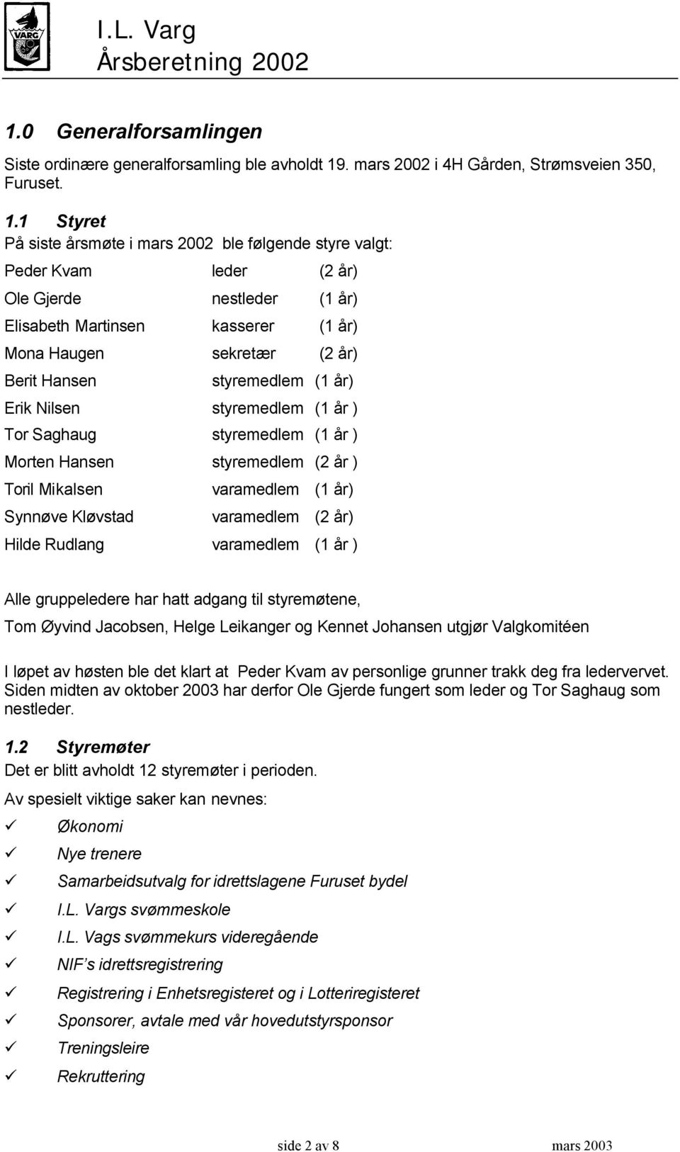 1 Styret På siste årsmøte i mars 2002 ble følgende styre valgt: Peder Kvam leder (2 år) Ole Gjerde nestleder (1 år) Elisabeth Martinsen kasserer (1 år) Mona Haugen sekretær (2 år) Berit Hansen